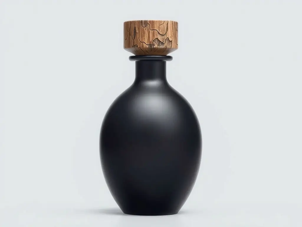 A close-up shot of a perfume bottle from the Woody Collection, showcasing its elegant design and the rich color of the fragrance inside. The background features a blurred image of a forest, emphasizing the natural and earthy essence of the collection.