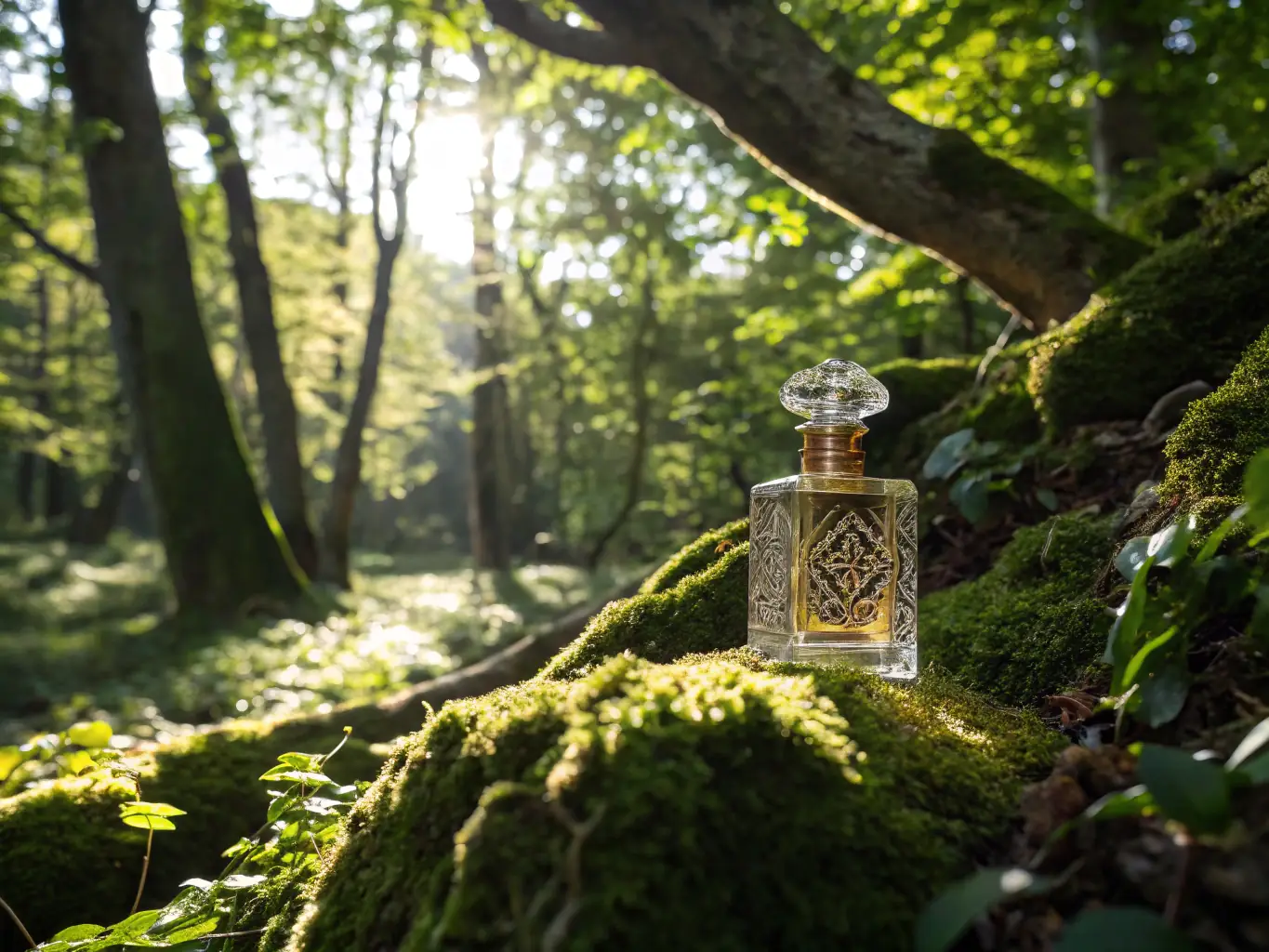 A bottle of Woodland Whisper Body Spray, placed in a natural setting with trees and moss. The image captures the earthy and tranquil essence of the fragrance, emphasizing its connection to nature.