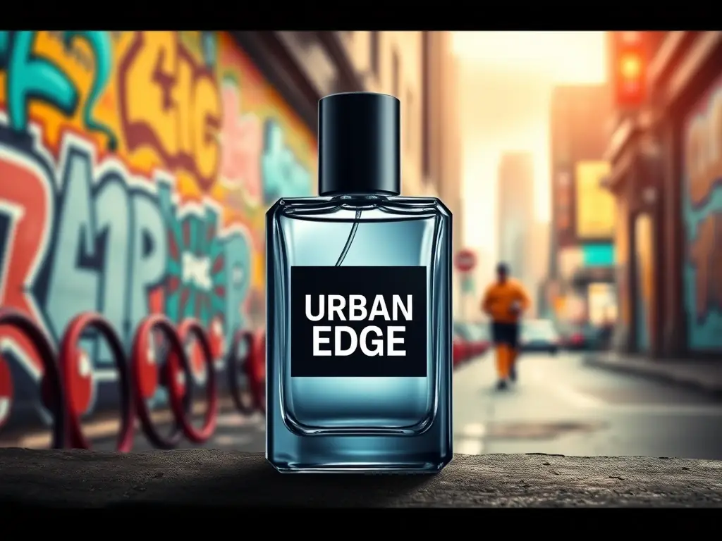 A bottle of Urban Oak Cologne, set against a backdrop of a modern cityscape. The image highlights the cologne's sleek design and masculine appeal, emphasizing its blend of woody and fresh notes.